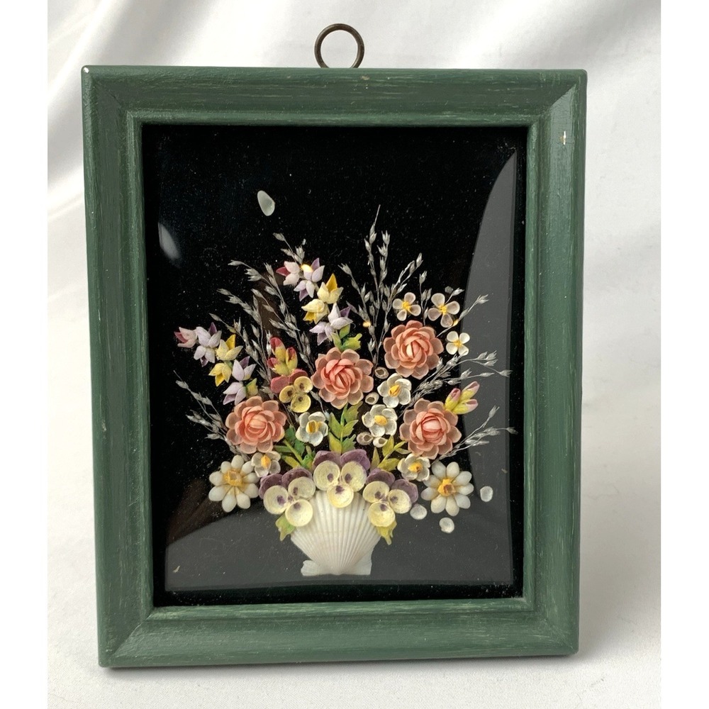 Vintage Shell Art Framed Floral MCM Decor Handmade Small 5.75"x5" Cottagecore